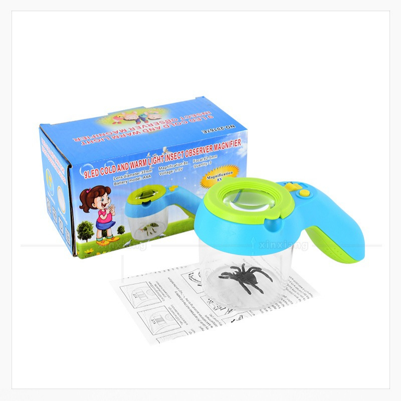 Outdoor Adventure Toys For Kids - กล่องส่องแมลงแบบมือถือ 9LED พร้อมแว่นขยายสำหรับเด็ก กล่องสังเกตแมลงและพืชขนาดเล็ก ภาชนะสำหรับดักจับผีเสื้อ ของเล่นผจญภัยกลางแจ้ง